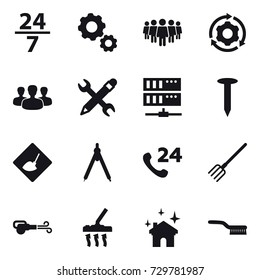 16 vector icon set : 24/7, gear, team, around gear, group, pencil wrench, server, nail, under construction, drawing compass, fork, blower, vacuum cleaner, house cleaning, brush