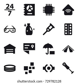 16 vector icon set : 24/7, annual report, chip, wireless home, smart glasses, cleanser, garage, tent, inflatable pool