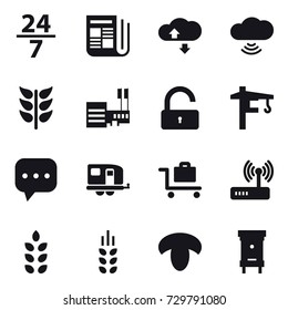 16 vector icon set : 24/7, newspaper, cloude service, cloud wireless, mall, unlock, tower crane, trailer, baggage trolley, spikelets, mushroom, hive