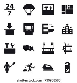 16 vector icon set : 24/7, parachute, tools, atm, hotel, repair tools, sweeper, skyscapers cleaning, skyscrapers cleaning, woman with pipidaster, vacuum cleaner, iron, do not distrub