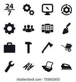16 vector icon set : 24/7, gear, monitor arrow, around gear, group, server, construction, suitcase iocn, axe, wheelbarrow, wrench, clothespin, floor washing, iron