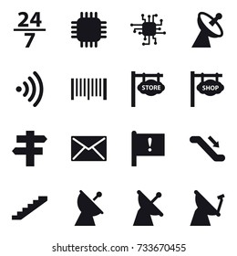 16 vector icon set : 24/7, chip, satellite antenna, wireless, barcode, store signboard, shop signboard, singlepost, mail, escalator, stairs