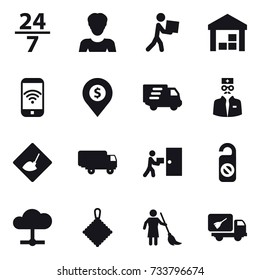 16 vector icon set : 24/7, woman, courier, warehouse, phone wireless, dollar pin, delivery, under construction, do not distrub, rag, brooming, home call cleaning