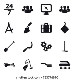 16 vector icon set : 24/7, group, monitor arrow, draw compass, construction, suitcase, rag, shovel, sickle, gears, rake, blower, vacuum cleaner, brush