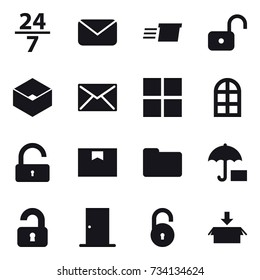 16 vector icon set : 24/7, mail, delivery, unlock, box, window, arch window, unlocked, door, package