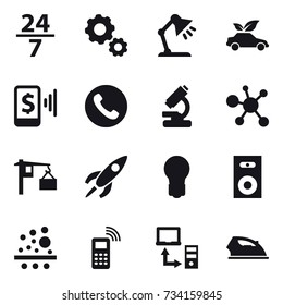 16 vector icon set : 24/7, gear, table lamp, eco car, mobile pay, phone, bulb, speaker, iron
