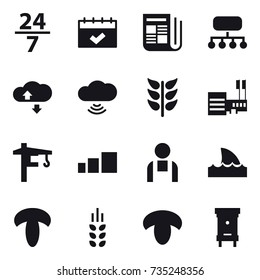 16 vector icon set : 24/7, calendar, newspaper, structure, cloude service, cloud wireless, mall, tower crane, shark flipper, spikelets, mushroom, hive