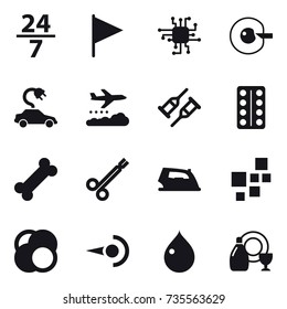 16 vector icon set : 24/7, flag, chip, cell corection, electric car, weather management, iron, drop, dish cleanser