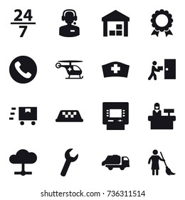 16 vector icon set : 24/7, call center, warehouse, medal, phone, taxi, atm, reception, trash truck, brooming