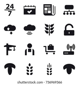 16 vector icon set : 24/7, calendar, newspaper, structure, cloude service, cloud wireless, unlock, tower crane, baggage trolley, spikelets, mushroom
