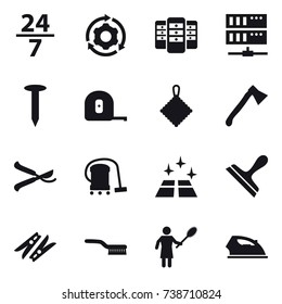 16 vector icon set : 24/7, around gear, server, nail, measuring tape, rag, axe, pruner, vacuum cleaner, clean floor, scraper, clothespin, brush, woman with pipidaster, iron