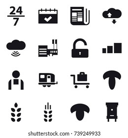 16 vector icon set : 24/7, calendar, newspaper, cloude service, cloud wireless, mall, unlock, trailer, baggage trolley, spikelets, mushroom, hive