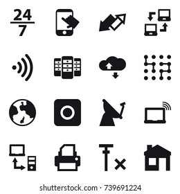 16 vector icon set : 24/7, touch, up down arrow, notebook connect, wireless, server, cloude service, chip, earth, ring button, house