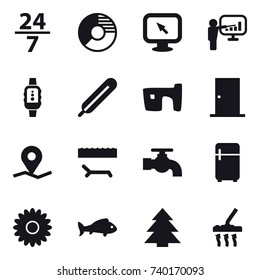 16 vector icon set : 24/7, circle diagram, monitor arrow, presentation, smartwatch, slum, door, lounger, water tap, fridge, flower, fish, spruce, vacuum cleaner