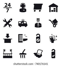 16 vector icon set : 24/7, call center, delivery, warehouse, pencil wrench, hotel, do not distrub, wiping, skyscapers cleaning, vacuum cleaner, floor washing, please clean