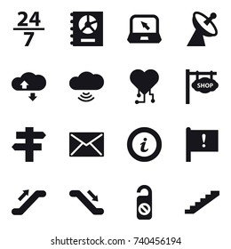 16 vector icon set : 24/7, annual report, notebook, satellite antenna, cloude service, cloud wireless, cardio chip, shop signboard, singlepost, mail, info, escalator, do not distrub, stairs