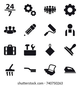 16 vector icon set : 24/7, gear, team, group, pencil, repair, suitcase, repair tools, rag, scraper, vacuum cleaner, brush, floor washing, iron