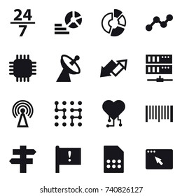 16 vector icon set : 24/7, diagram, circle diagram, graph, chip, satellite antenna, up down arrow, server, antenna, cardio chip, barcode, singlepost