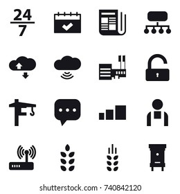 16 vector icon set : 24/7, calendar, newspaper, structure, cloude service, cloud wireless, mall, unlock, tower crane, spikelets, hive