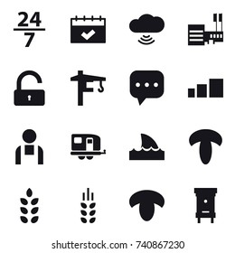 16 vector icon set : 24/7, calendar, cloud wireless, mall, unlock, tower crane, trailer, shark flipper, spikelets, mushroom, hive