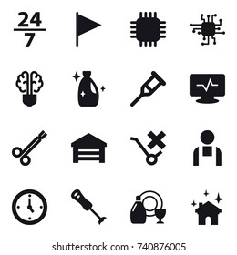 16 vector icon set : 24/7, flag, chip, bulb brain, cleanser, garage, watch, dish cleanser, house cleaning