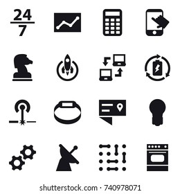 16 vector icon set : 24/7, statistic, calculator, touch, chess horse, rocket, notebook connect, battery charge, laser, smart bracelet, bulb