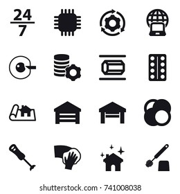 16 vector icon set : 24/7, chip, around gear, notebook globe, cell corection, virtual mining, nanotube, project, garage, wiping, house cleaning, toilet brush