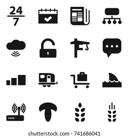 16 vector icon set : 24/7, calendar, newspaper, structure, cloud wireless, unlock, tower crane, trailer, baggage trolley, shark flipper, spikelets