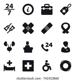 16 vector icon set : 24/7, info, hospital, first aid, invalid, lifebuoy