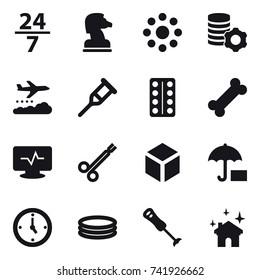 16 vector icon set : 24/7, chess horse, round around, virtual mining, weather management, 3d, watch, inflatable pool, house cleaning