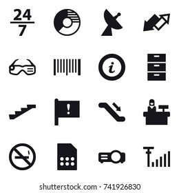 16 vector icon set : 24/7, circle diagram, satellite antenna, up down arrow, smart glasses, barcode, info, stairs, escalator, reception, no smoking