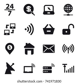 16 vector icon set : 24/7, dollar arrow, notebook, globe connect, notebook connect, wireless, remove from basket, unlock, dollar pin, home, mail