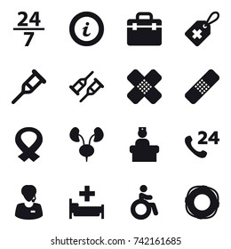 16 vector icon set : 24/7, info, hospital, invalid, lifebuoy