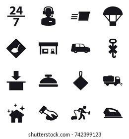 16 vector icon set : 24/7, call center, delivery, parachute, under construction, gas station, service bell, rag, sweeper, house cleaning, wiping, vacuum cleaner, iron