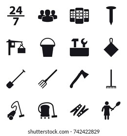 16 vector icon set : 24/7, group, server, nail, bucket, repair tools, rag, shovel, fork, axe, rake, vacuum cleaner, clothespin, woman with pipidaster