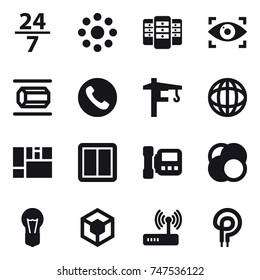 16 vector icon set : 24/7, round around, server, eye identity, nanotube, phone, tower crane, power switch, intercome