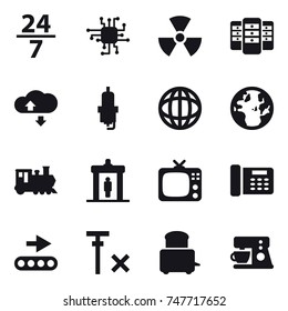 16 vector icon set : 24/7, chip, nuclear, server, cloude service, spark plug, train, detector, tv
