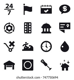 16 vector icon set : 24/7, flag, calendar, money message, around gear, goverment house, surfer, watch, drop, garage, ring button, house cleaning
