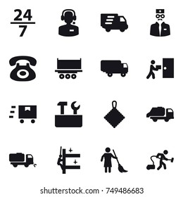 16 vector icon set : 24/7, call center, delivery, repair tools, rag, trash truck, sweeper, skyscrapers cleaning, brooming, vacuum cleaner