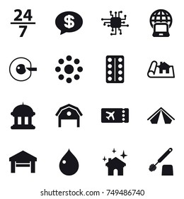 16 vector icon set : 24/7, money message, chip, notebook globe, cell corection, round around, project, goverment house, barn, ticket, tent, garage, drop, house cleaning, toilet brush