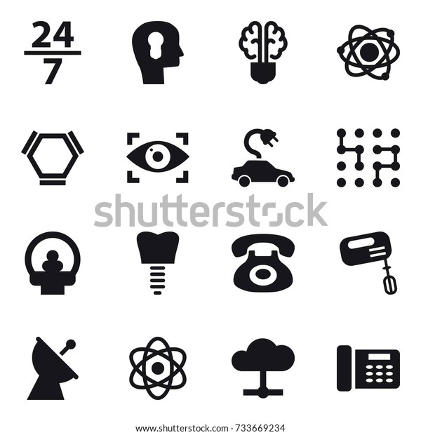 16 vector icon set : 24/7, bulb head, bulb brain,\
atom, hex molecule, eye identity, electric car, chip, mixer,\
satellite antenna
