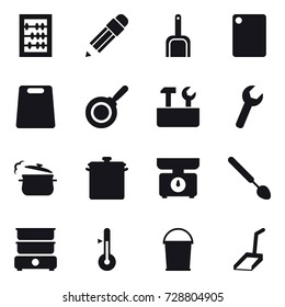 16 vector icon set : abacus, pencil, scoop, cutting board, pan, repair tools, steam pan, kitchen scales, big spoon, thermometer, bucket