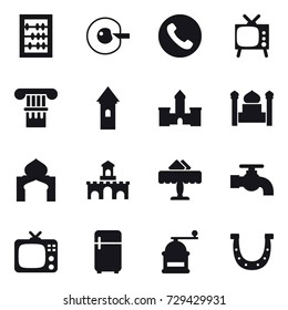 16 vector icon set : abacus, cell corection, phone, tv, column, tower, castle, minaret, fort, restaurant, water tap, fridge, hand mill, horseshoe