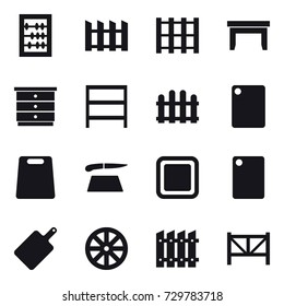 16 vector icon set : abacus, fence, table, chest of drawers, rack, cutting board, wheel, farm fence