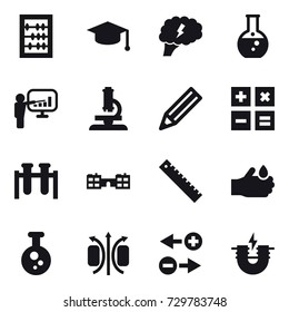 16 vector icon set : abacus, graduate hat, brain, round flask, presentation, microscope, pencil, calculator, school, ruler