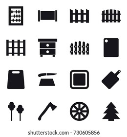 16 vector icon set : abacus, fence, nightstand, cutting board, trees, axe, wheel, spruce