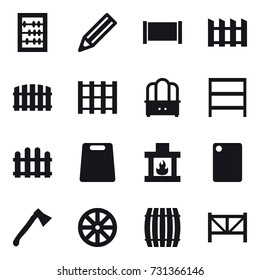 16 vector icon set : abacus, pencil, fence, dresser, rack, cutting board, fireplace, axe, wheel, barrel, farm fence