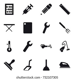 16 vector icon set : abacus, pencil, ruler, iron board, cutting board, big fork, thermometer, wrench, blower, vacuum cleaner, scraper, scoop, plunger, iron
