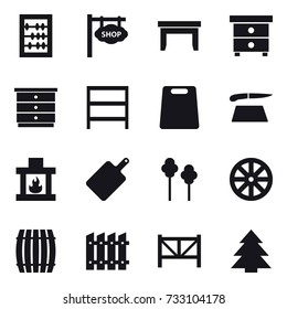 16 vector icon set : abacus, shop signboard, table, nightstand, chest of drawers, rack, cutting board, fireplace, trees, wheel, barrel, fence, farm fence, spruce