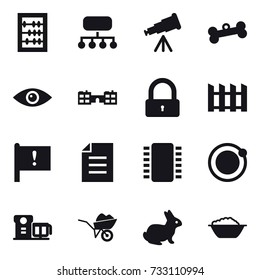 16 vector icon set : abacus, structure, telescope, bone, school, lock, fence, wheelbarrow, rabbit, foam basin
